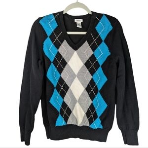 Vintage Izod Unisex Preppy Black Cotton Argyle V-Neck Neutral Sweater Size M